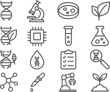 Line icons representing various scientific fields including biology, chemistry, and technology in a minimalist vector illustration style