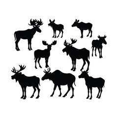 A black moose silhouette vector illustration depicts a wild mammal with antlers isolated on white.