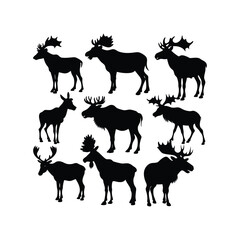 A black moose silhouette vector illustration depicts a wild mammal with antlers isolated on white.
