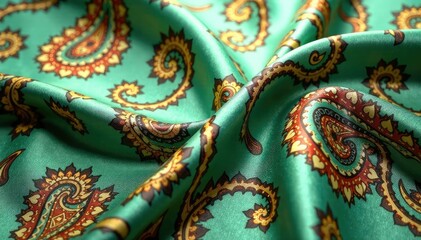 Fototapeta premium Subtle paisley print in muted greens and browns on silk , minimal, background