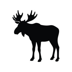 A black moose silhouette vector illustration depicts a wild mammal with antlers isolated on white.
