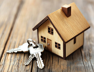 Symbolic image of homeownership featuring wooden house model with set of keys on rustic wooden surface. Concept of real estate, property investment, mortgage, and buying new home