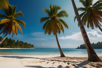 Tropical summer sand beach and palm on sea sky background, copy space. Summer vacation and travel concept from AI Generative