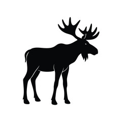 A black deer silhouette vector illustration depicts a wild mammal with antlers isolated on white