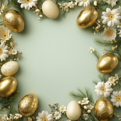 Luxurious golden Easter eggs frame withflowers. Perfect for Easter banners, festive invitations, cards and elegant advertisements with a premium touch