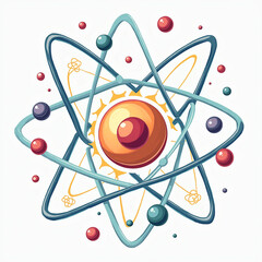 Cartoon Atomic structure: electrons orbiting the nucleus, their energy levels and motion within the electron shell, dynamic interplay of protons, neutrons, and electrons on a white isolated background