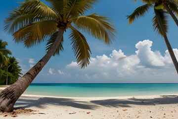 Tropical summer sand beach and palm on sea sky background, copy space. Summer vacation and travel concept from AI Generative