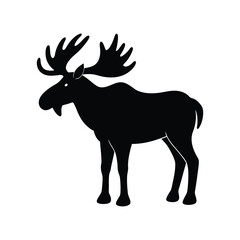 A black moose silhouette vector illustration depicts a wild mammal with antlers isolated on white.