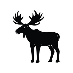 A black moose silhouette vector illustration depicts a wild mammal with antlers isolated on white.