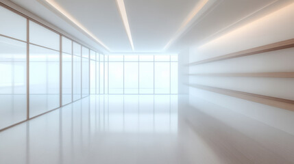 Fototapeta premium Modern interior design of a spacious bright room with glass walls and minimalistic features