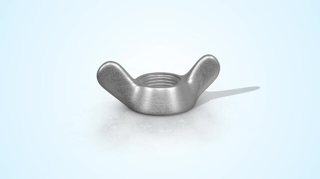 Steel Wingnut on a Light Reflective Floor. Butterfly Nut 3D Animation. 4K