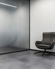 Modern office interior featuring a sleek black chair and glass wall
