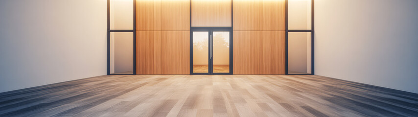 Fototapeta premium Modern interior space with wooden elements and glass doors in a minimalist design