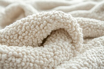 A detailed close-up of soft white sherpa fleece fabric featuring a wavy, curly pattern