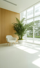 Modern interior with a white chair and a large plant in a well-lit space