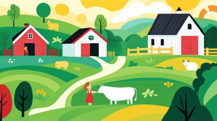 Cartoon Farm Scene with Barns, Animals, and a Girl Petting a Cow in a Green, Hilly Countryside
