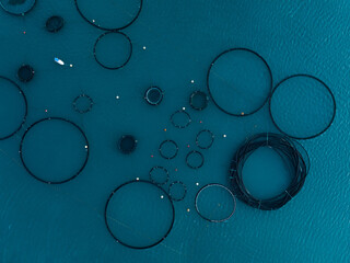 Drone view of Tuna farm, rings. Mediterranean sea
