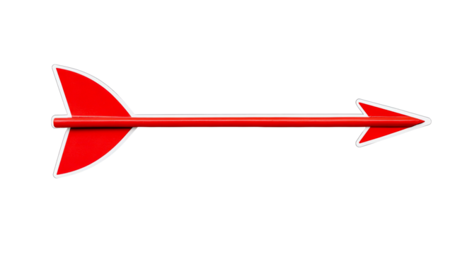 Red arrow pointer sign with white outline, cut out transparent