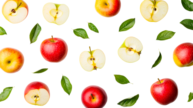 Apples halves leaves pattern seamless background, cut out transparent
