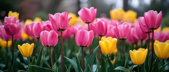 Obraz premium Captivating Field of Pink and Yellow Tulips in Full Bloom Awaits Springtime Serenity and Floral Beauty with Lush Greenery and Gentle Bokeh