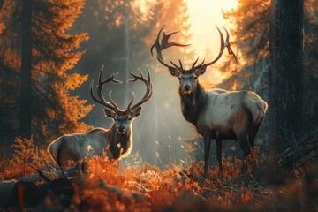 Two majestic deer standing in a sunlit forest during early morning hours, surrounded by vibrant foliage and warm autumn colors
