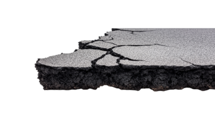 Asphalt crack surface texture closeup, damage to street road, cut out transparent