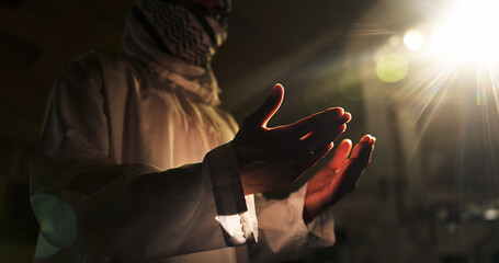 Muslim person, dark or hands praying to worship for faith, gratitude or support to Allah in...