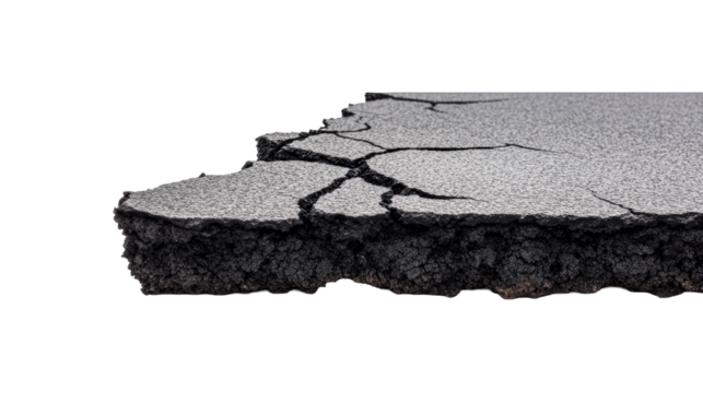 Asphalt crack surface texture closeup, damage to street road, cut out transparent