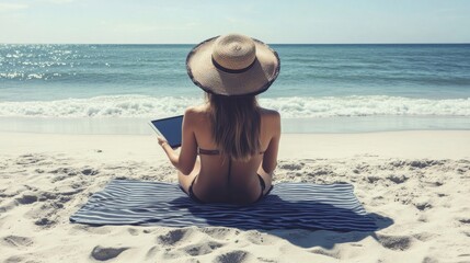 Beach Woman With Tablet - Woman sitting on a beach mat with a digital tablet wearing a sun hat with waves in the background.