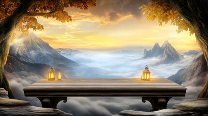 A magical Thanksgiving feast table floating in the autumn sky, surrounded by glowing lanterns and golden leaves