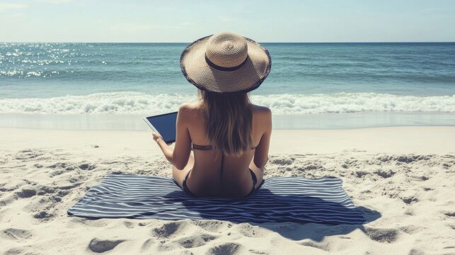 Beach Woman With Tablet - Woman sitting on a beach mat with a digital tablet wearing a sun hat with waves in the background. - Powered by Adobe