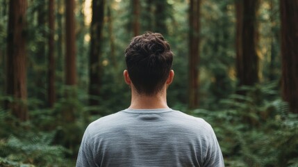 A person stands in a lush forest, looking away, surrounded by tall trees and greenery, evoking a sense of tranquility and connection with nature.