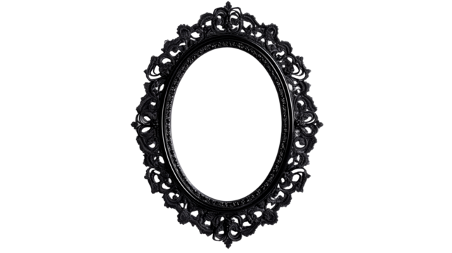 Ornate oval frame with intricate details in black, cut out transparent