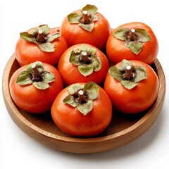 Fototapeta premium Eight Ripe Persimmons on Rustic Wooden Plate