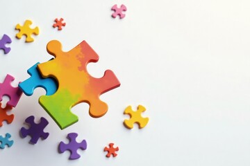 Obraz premium Floating colorful puzzle pieces on white backdrop, strategy, art, thinking