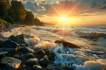 Obraz premium Sunrise over the shoreline with gentle waves and rocky beach on a calm morning in nature