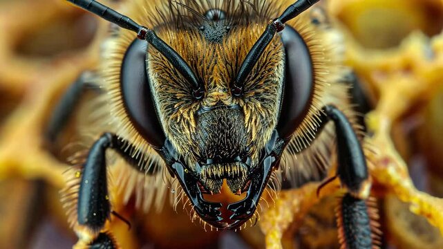 A detailed close-up of a bee resting on honeycomb, highlighting its textured body and large eyes while surrounded by the golden hue of honey, revealing the beauty of nature.