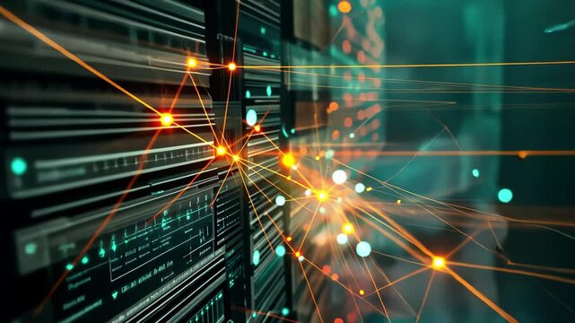 A high-tech data center features extensive server racks, glowing light trails, and vibrant digital connections, illustrating cutting-edge technology in a networked environment.