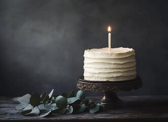 A minimalist photograph of an elegant birthday cake with white frosting and a single candle, placed on top of a vintage stand against a dark gray background