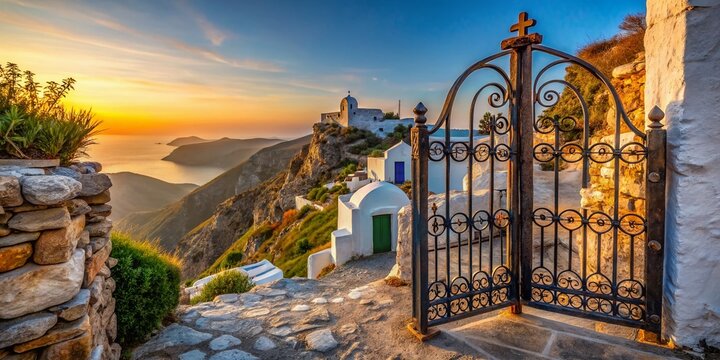 Panagia Church Entrance Gate, Folegandros Clifftop, Cyclades, Greece:  Macro Photography of Architectural Detail