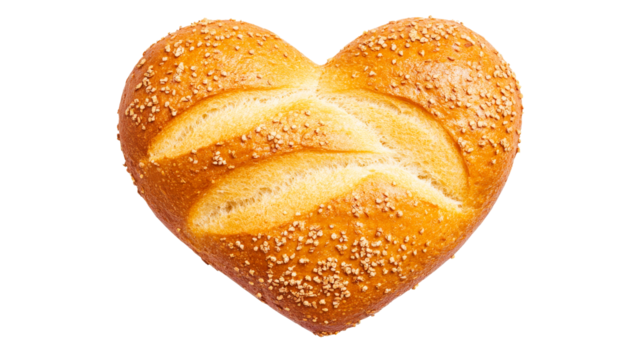 Heart shaped bread roll with sesame seeds, bakery, cut out transparent
