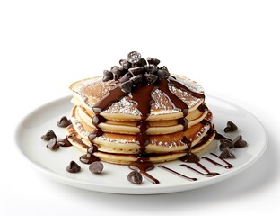 Photo of A stack of pancakes with chocolate chips and drizzled in dark brown sauce on white plate,