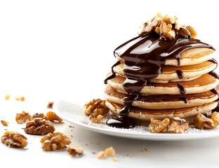 Photo of a stack of pancakes with chocolate drizzle and walnuts on top, on a white background. Web