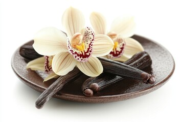 Vanilla bean aroma and orchid blossom on brown plate for culinary and aromatherapy use in wellness spa and kitchen