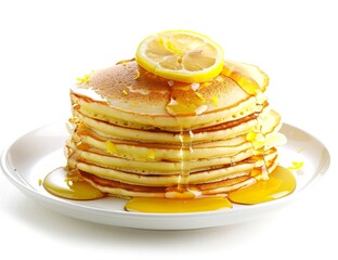 Photo of a stack of pancakes with lemon glaze and honey on top, isolated against a white