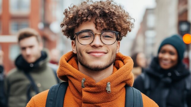 Group of Strangers Exchanging Warm Smiles in Urban Environment on a Crisp Day