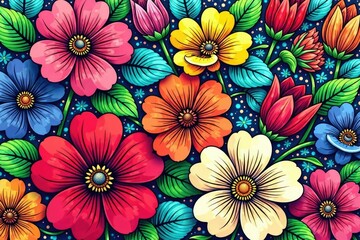 Intricate line art blooming flowers, dense repeat , monochrome pattern, monochrome