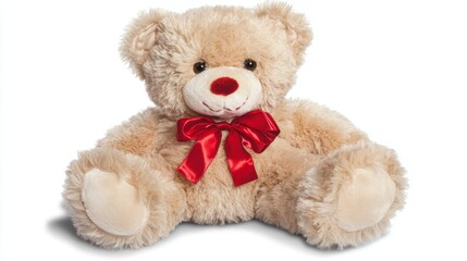 Obraz premium Soft teddy bear with red bow sitting against a white background, perfect for gifting on special occasions or adding warmth to children's rooms, isolated on white background