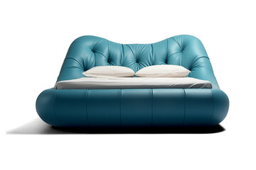 Front View of Luxury Blue Bed with Padded Headboard and Two White Pillows Isolated on Transparent Background
