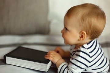Infant explores digital world, curiously examining a tablet on striped bedding in soft, natural light
